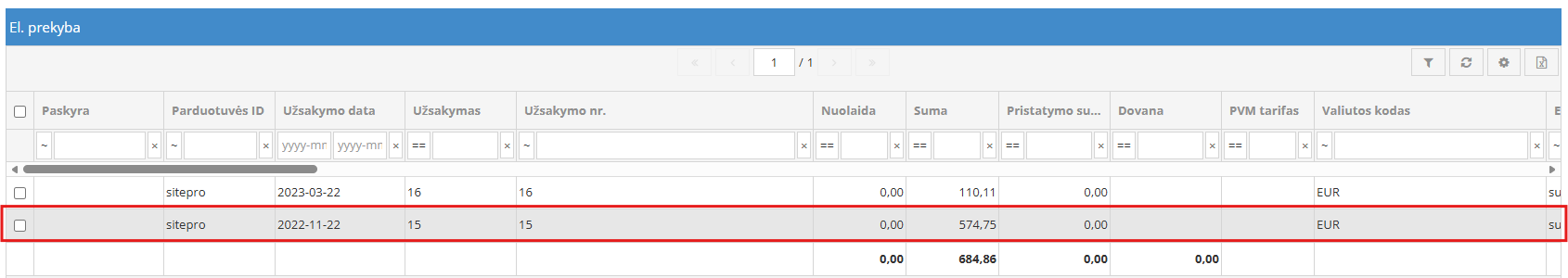 E-prekyba modulio užsakymų sąrašo vaizdas